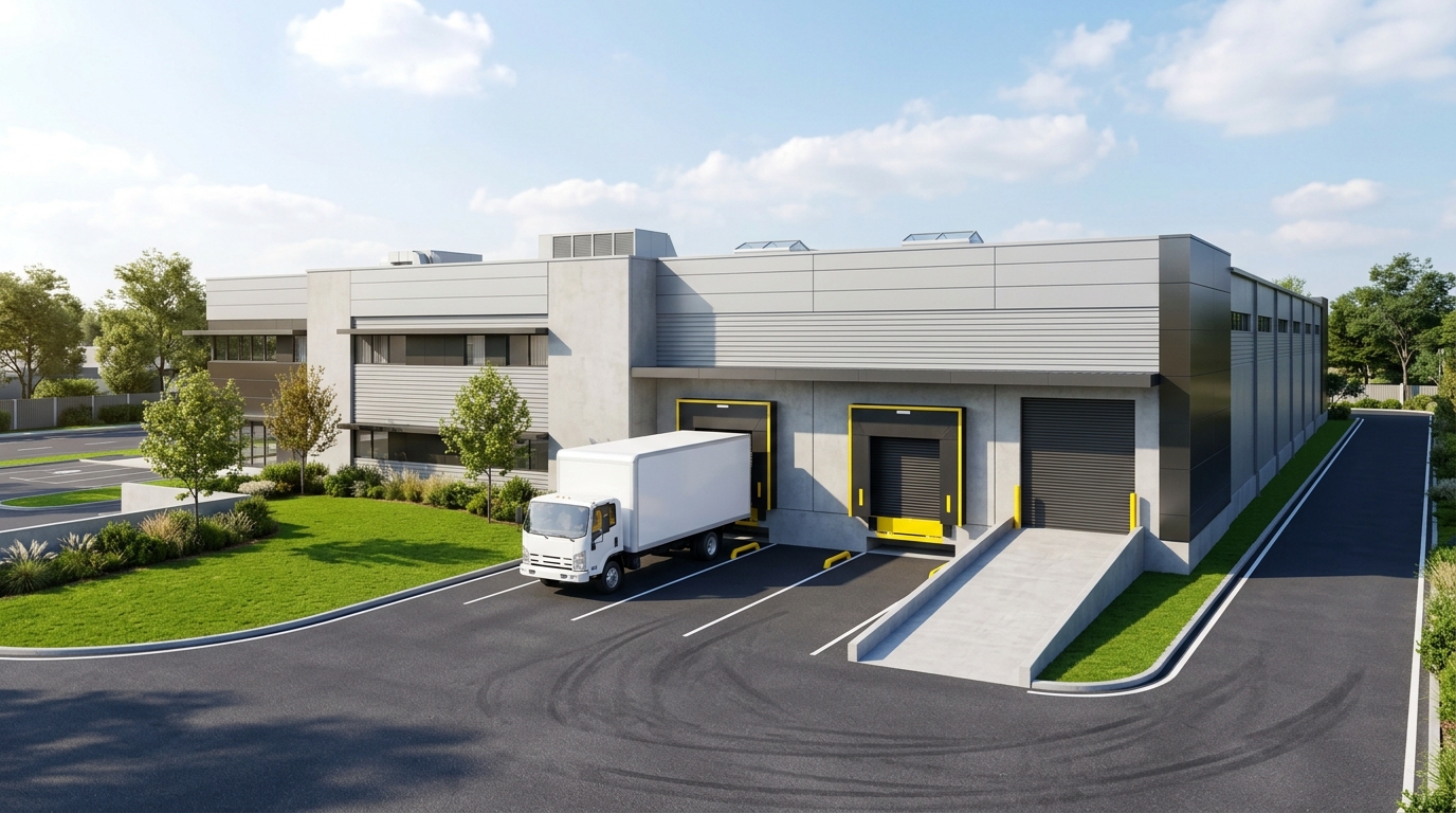 3D render of modern warehouse facility with loading bay