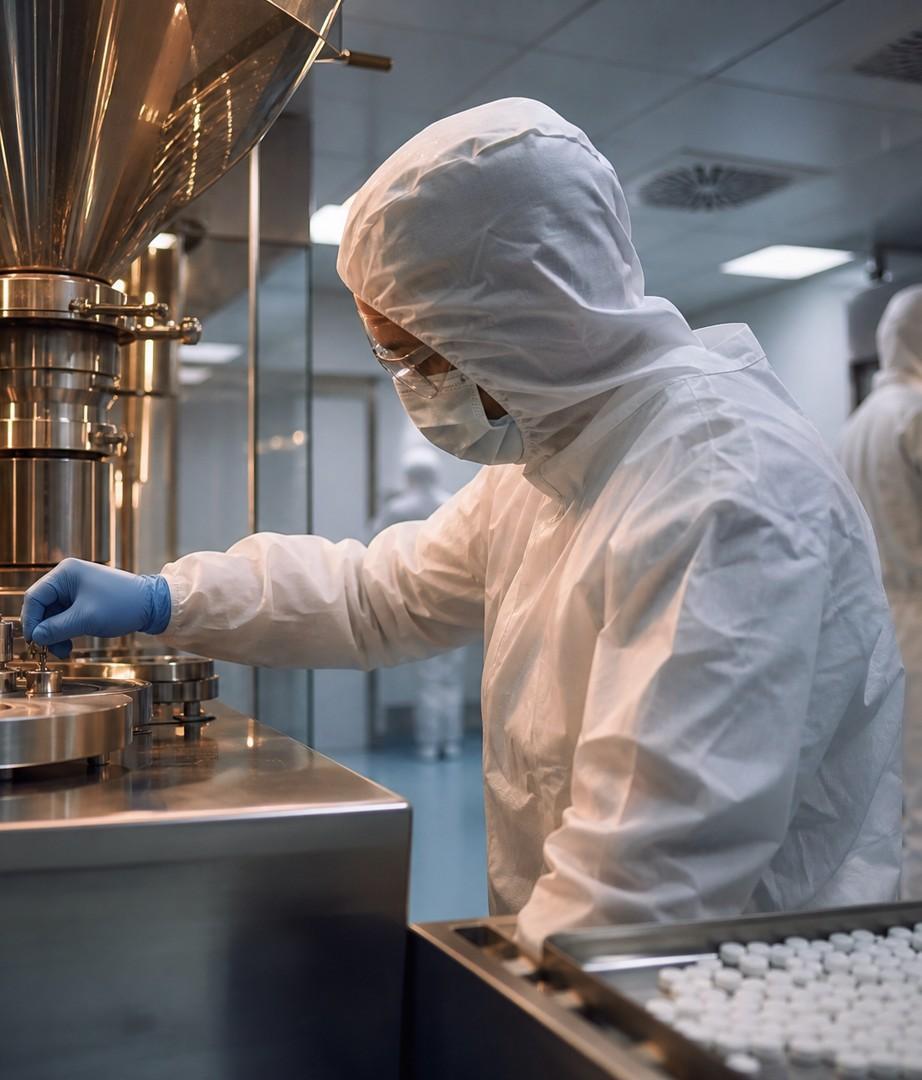 Engineers working on process equipment in a controlled manufacturing environment